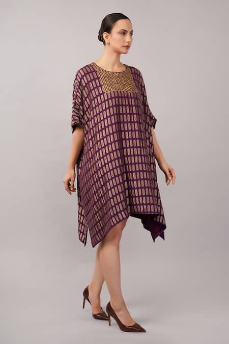 Buy_Abraham And Thakore_Purple Sequins Round Neck Lozenge Brocade Dress _Online_at_Aza_Fashions