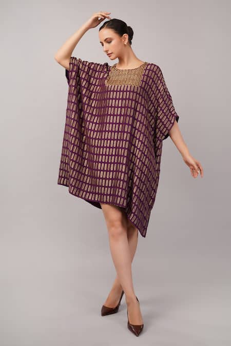 Abraham And Thakore_Purple Sequins Round Neck Lozenge Brocade Dress _at_Aza_Fashions