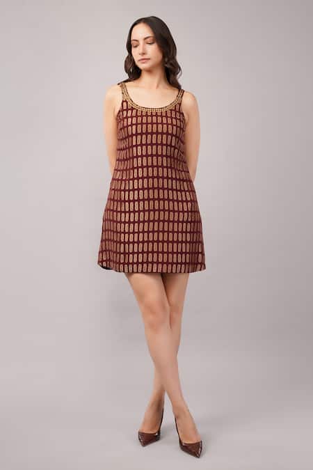 Buy_Abraham And Thakore_Burgundy Sequins Round Neck Lozenge Brocade Dress _Online_at_Aza_Fashions