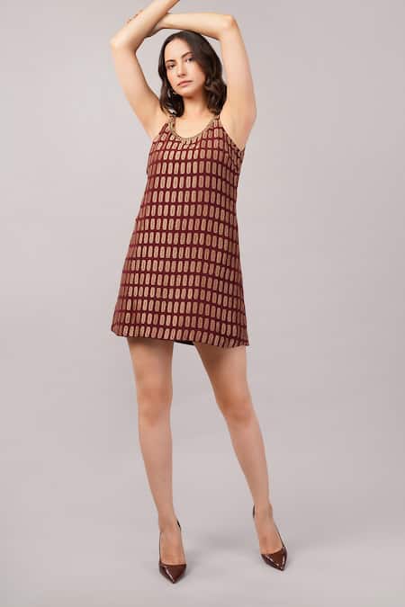 Shop_Abraham And Thakore_Burgundy Sequins Round Neck Lozenge Brocade Dress _Online_at_Aza_Fashions