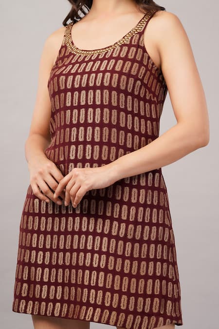 Abraham And Thakore_Burgundy Sequins Round Neck Lozenge Brocade Dress _at_Aza_Fashions