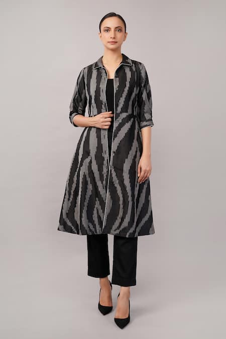 Abraham And Thakore_Black Silk Collared, Button-down Neck Zebra Ikat Dress _Online_at_Aza_Fashions