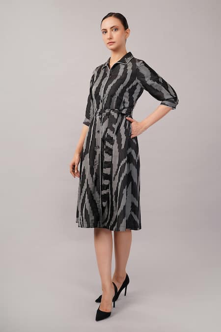 Buy_Abraham And Thakore_Black Silk Collared, Button-down Neck Zebra Ikat Dress _Online_at_Aza_Fashions
