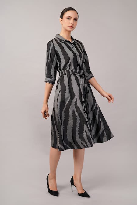 Shop_Abraham And Thakore_Black Silk Collared, Button-down Neck Zebra Ikat Dress _Online_at_Aza_Fashions