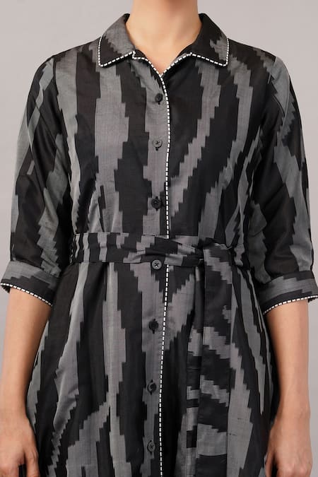 Abraham And Thakore_Black Silk Collared, Button-down Neck Zebra Ikat Dress _at_Aza_Fashions