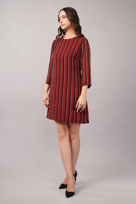 Abraham And Thakore_Maroon Viscose Georgette Sequins, Beads, Embroidery Round Neck Striped Dress _Online_at_Aza_Fashions