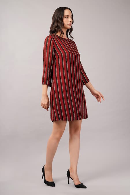Buy_Abraham And Thakore_Maroon Viscose Georgette Sequins, Beads, Embroidery Round Neck Striped Dress _Online_at_Aza_Fashions
