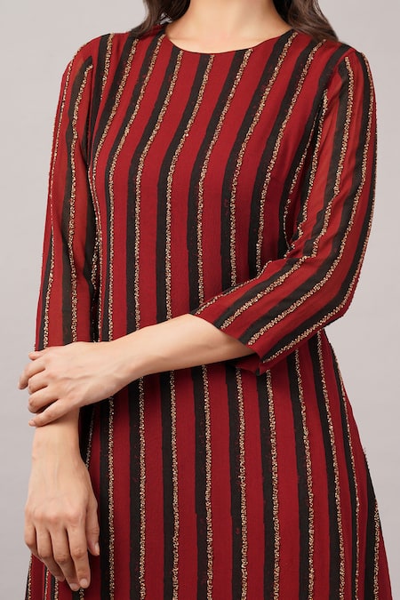 Abraham And Thakore_Maroon Viscose Georgette Sequins, Beads, Embroidery Round Neck Striped Dress _at_Aza_Fashions