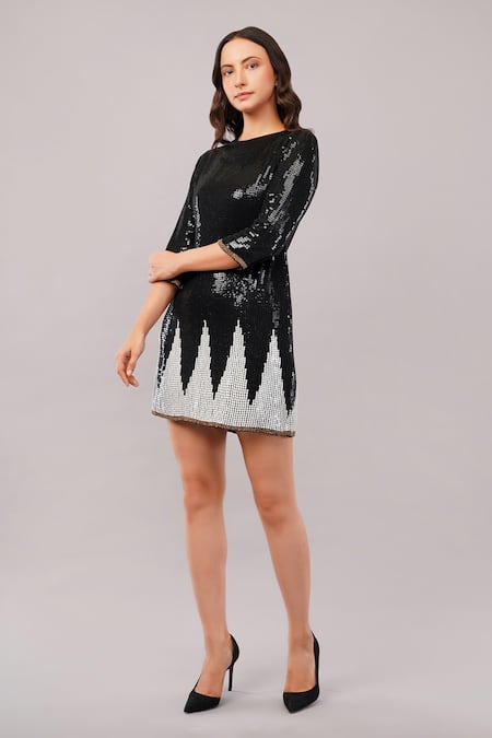 Abraham And Thakore_Black Viscose Georgette Sequins, Beads Round Neck Trangle Dress _Online_at_Aza_Fashions