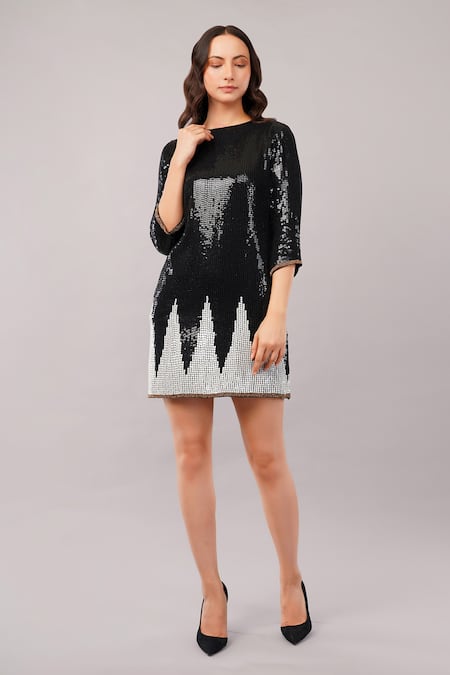 Buy_Abraham And Thakore_Black Viscose Georgette Sequins, Beads Round Neck Trangle Dress _Online_at_Aza_Fashions