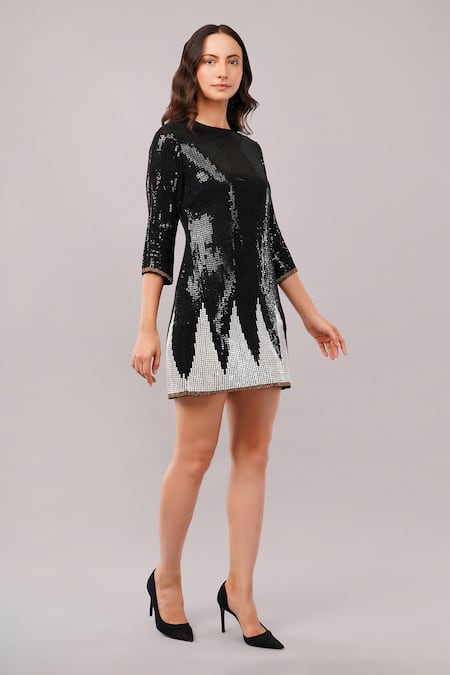 Shop_Abraham And Thakore_Black Viscose Georgette Sequins, Beads Round Neck Trangle Dress _Online_at_Aza_Fashions