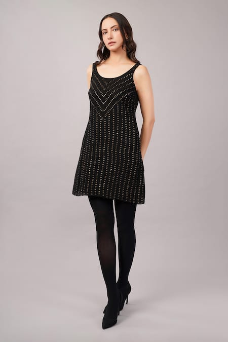 Abraham And Thakore_Black Viscose Georgette Sequins Scoop Neck, Gold Dash Dress _Online_at_Aza_Fashions