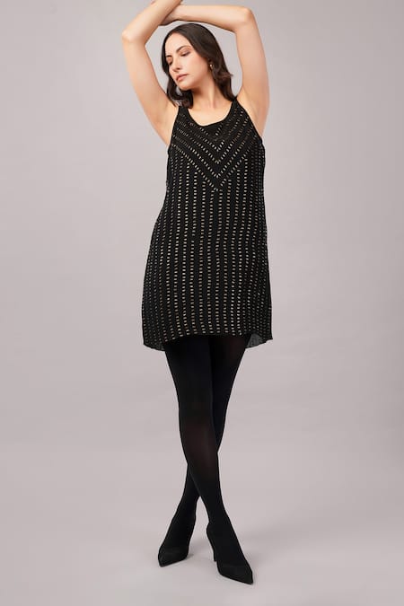 Shop_Abraham And Thakore_Black Viscose Georgette Sequins Scoop Neck, Gold Dash Dress _Online_at_Aza_Fashions
