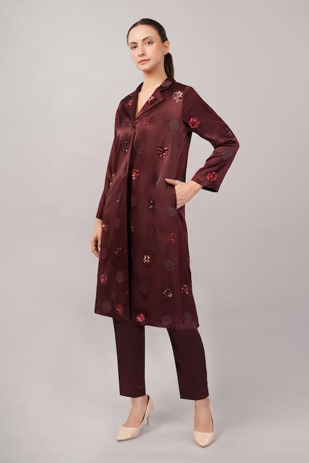 Abraham And Thakore_Burgundy Viscose, Satin Sequins, Beads, Embroidery V-neck Polka Dot Jacket _Online_at_Aza_Fashions