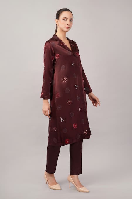 Buy_Abraham And Thakore_Burgundy Viscose, Satin Sequins, Beads, Embroidery V-neck Polka Dot Jacket _Online_at_Aza_Fashions