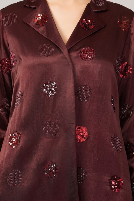 Abraham And Thakore_Burgundy Viscose, Satin Sequins, Beads, Embroidery V-neck Polka Dot Jacket _at_Aza_Fashions