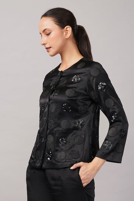 Abraham And Thakore_Black Viscose Sequins, Beads Round Neck Polka Dot Jacket _Online_at_Aza_Fashions
