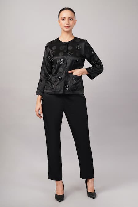 Buy_Abraham And Thakore_Black Viscose Sequins, Beads Round Neck Polka Dot Jacket _Online_at_Aza_Fashions