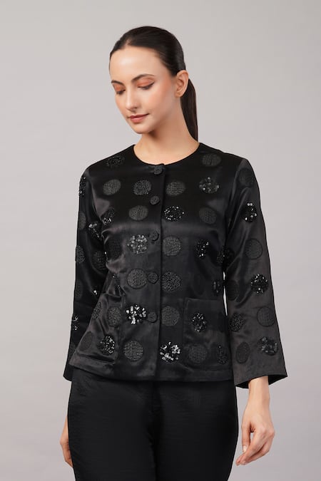 Shop_Abraham And Thakore_Black Viscose Sequins, Beads Round Neck Polka Dot Jacket _Online_at_Aza_Fashions