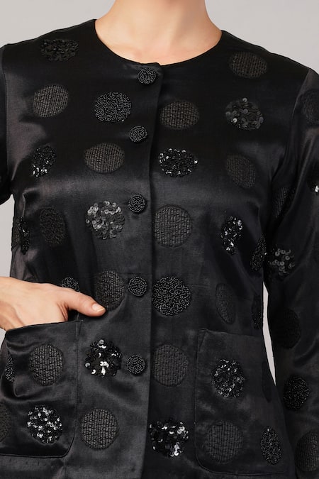 Abraham And Thakore_Black Viscose Sequins, Beads Round Neck Polka Dot Jacket _at_Aza_Fashions