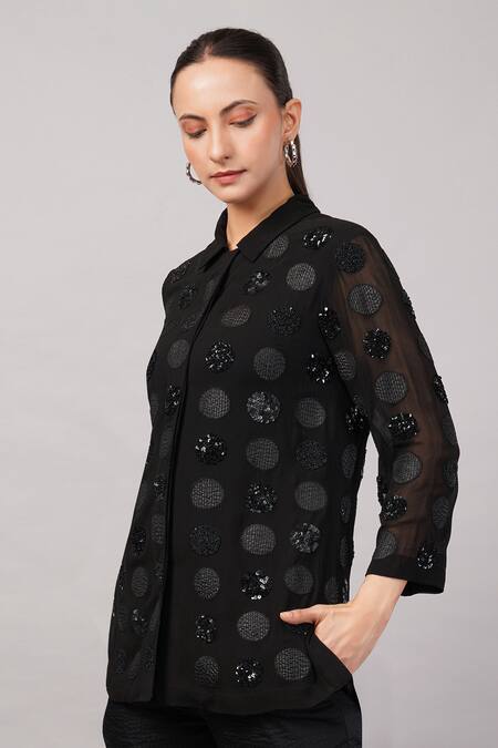 Shop_Abraham And Thakore_Black Viscose Georgette Sequins, Beads, Embroidery Collared Polka Dot Shirt _Online_at_Aza_Fashions