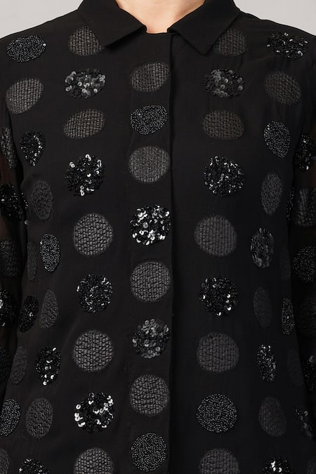 Abraham And Thakore_Black Viscose Georgette Sequins, Beads, Embroidery Collared Polka Dot Shirt _at_Aza_Fashions