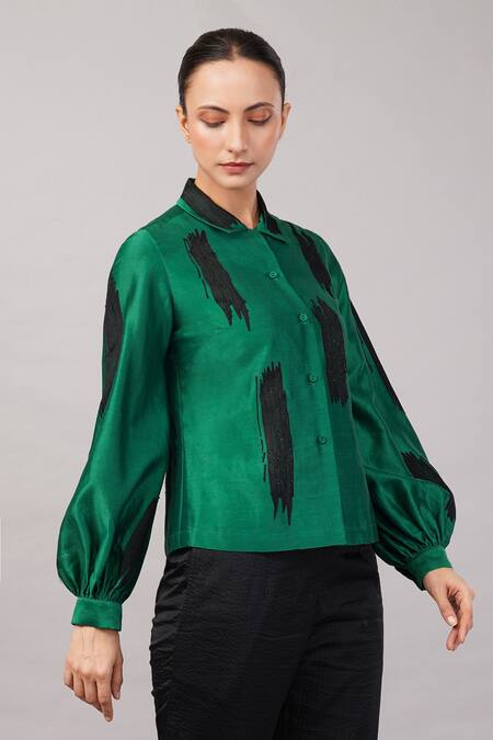 Abraham And Thakore_Green Silk, Cotton, Chanderi Embroidery Collared Aari Brushstroke Shirt _Online_at_Aza_Fashions