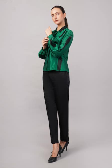 Buy_Abraham And Thakore_Green Silk, Cotton, Chanderi Embroidery Collared Aari Brushstroke Shirt _Online_at_Aza_Fashions