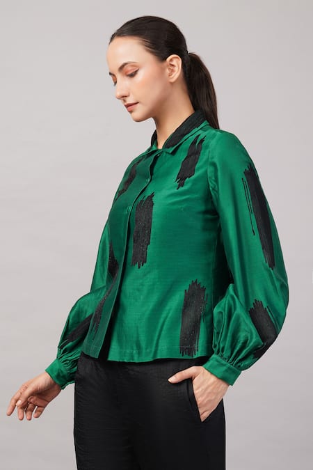 Shop_Abraham And Thakore_Green Silk, Cotton, Chanderi Embroidery Collared Aari Brushstroke Shirt _Online_at_Aza_Fashions