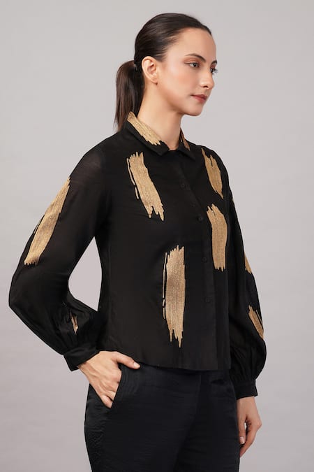 Abraham And Thakore_Black Chanderi, Silk, Cotton Embroidery Collared Aari Brushstroke Shirt _Online_at_Aza_Fashions