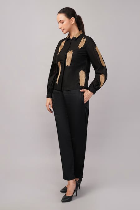 Buy_Abraham And Thakore_Black Chanderi, Silk, Cotton Embroidery Collared Aari Brushstroke Shirt _Online_at_Aza_Fashions