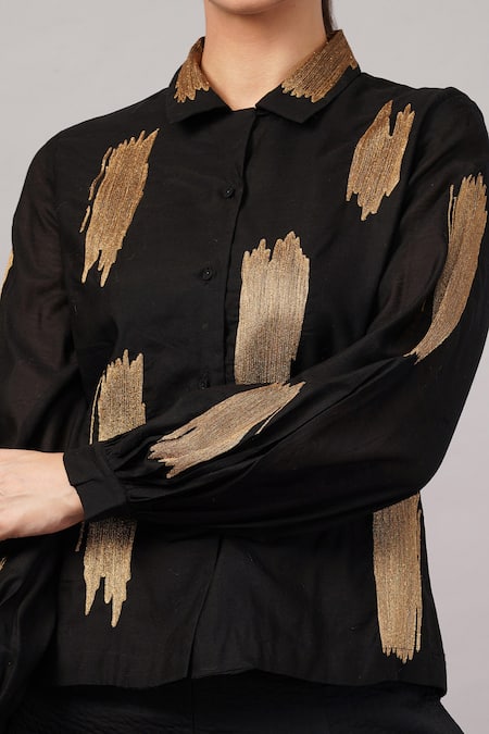 Shop_Abraham And Thakore_Black Chanderi, Silk, Cotton Embroidery Collared Aari Brushstroke Shirt _Online_at_Aza_Fashions