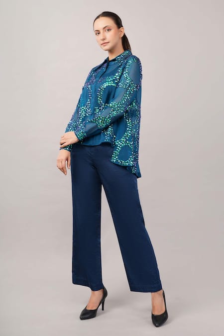 Buy Abraham And Thakore Blue Viscose, Organza Sequins Collared French Cut Rings Shirt Online at Aza Fashions Buy_Abraham And Thakore_Blue Viscose, Organza Sequins Collared French Cut Rings Shirt _Online_at_Aza_Fashions