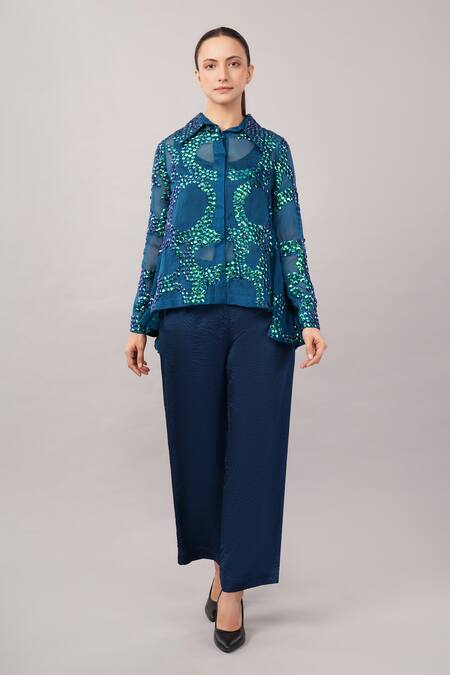 Shop Abraham And Thakore Blue Viscose, Organza Sequins Collared French Cut Rings Shirt Online at Aza Fashions Shop_Abraham And Thakore_Blue Viscose, Organza Sequins Collared French Cut Rings Shirt _Online_at_Aza_Fashions