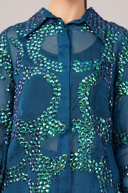 Abraham And Thakore Blue Viscose, Organza Sequins Collared French Cut Rings Shirt at Aza Fashions Abraham And Thakore_Blue Viscose, Organza Sequins Collared French Cut Rings Shirt _at_Aza_Fashions