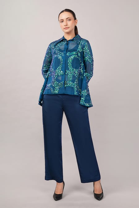 Buy Abraham And Thakore Blue Viscose, Organza Sequins Collared French Cut Rings Shirt Buy_Abraham And Thakore_Blue Viscose, Organza Sequins Collared French Cut Rings Shirt