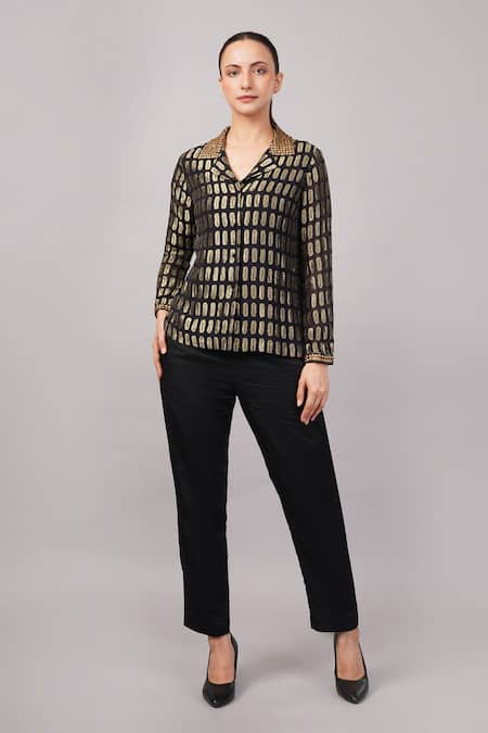 Abraham And Thakore Black Silk, Georgette, Brocade Sequins Collared, V-neck Lozenge Shirt Online at Aza Fashions Abraham And Thakore_Black Silk, Georgette, Brocade Sequins Collared, V-neck Lozenge Shirt _Online_at_Aza_Fashions