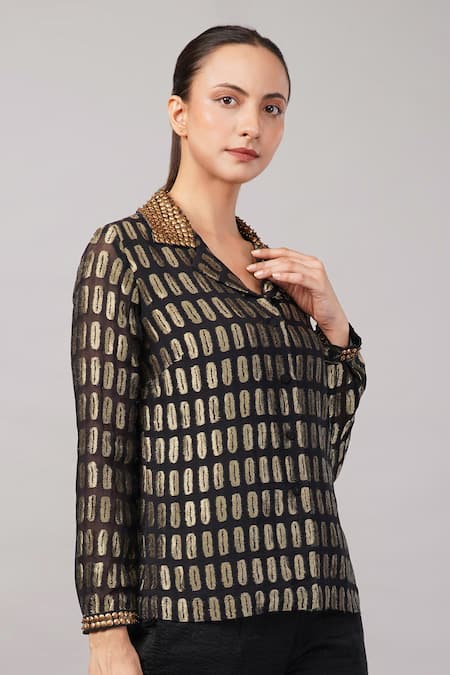 Buy Abraham And Thakore Black Silk, Georgette, Brocade Sequins Collared, V-neck Lozenge Shirt Online at Aza Fashions Buy_Abraham And Thakore_Black Silk, Georgette, Brocade Sequins Collared, V-neck Lozenge Shirt _Online_at_Aza_Fashions