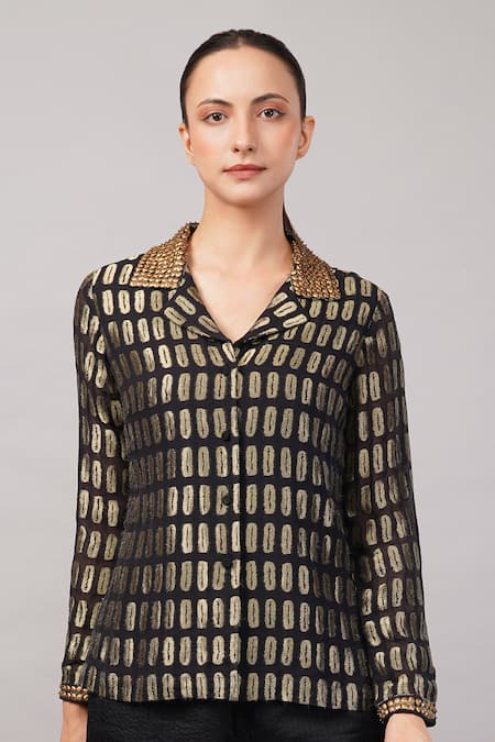 Shop Abraham And Thakore Black Silk, Georgette, Brocade Sequins Collared, V-neck Lozenge Shirt Online at Aza Fashions Shop_Abraham And Thakore_Black Silk, Georgette, Brocade Sequins Collared, V-neck Lozenge Shirt _Online_at_Aza_Fashions