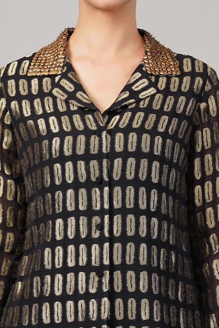 Abraham And Thakore Black Silk, Georgette, Brocade Sequins Collared, V-neck Lozenge Shirt at Aza Fashions Abraham And Thakore_Black Silk, Georgette, Brocade Sequins Collared, V-neck Lozenge Shirt _at_Aza_Fashions