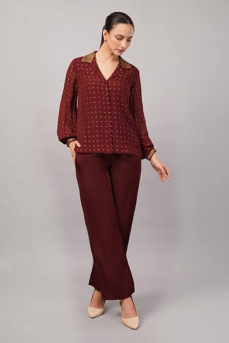 Abraham And Thakore Burgundy Silk, Georgette, Brocade Sequins Collared, V-neck Dot Shirt Online at Aza Fashions Abraham And Thakore_Burgundy Silk, Georgette, Brocade Sequins Collared, V-neck Dot Shirt _Online_at_Aza_Fashions