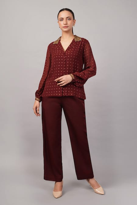 Shop Abraham And Thakore Burgundy Silk, Georgette, Brocade Sequins Collared, V-neck Dot Shirt Online at Aza Fashions Shop_Abraham And Thakore_Burgundy Silk, Georgette, Brocade Sequins Collared, V-neck Dot Shirt _Online_at_Aza_Fashions