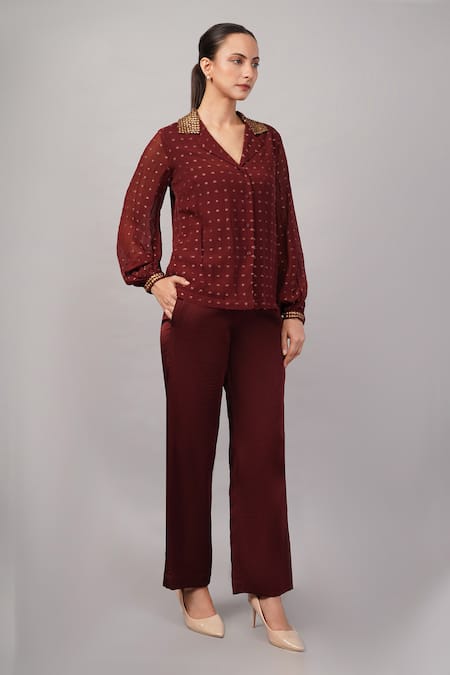 Abraham And Thakore Burgundy Silk, Georgette, Brocade Sequins Collared, V-neck Dot Shirt at Aza Fashions Abraham And Thakore_Burgundy Silk, Georgette, Brocade Sequins Collared, V-neck Dot Shirt _at_Aza_Fashions