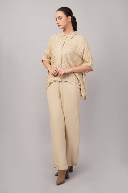 Abraham And Thakore Beige Viscose Georgette Gota Patti, Embroidery Collared Dash Shirt Online at Aza Fashions Abraham And Thakore_Beige Viscose Georgette Gota Patti, Embroidery Collared Dash Shirt _Online_at_Aza_Fashions