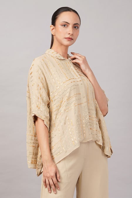 Shop Abraham And Thakore Beige Viscose Georgette Gota Patti, Embroidery Collared Dash Shirt Online at Aza Fashions Shop_Abraham And Thakore_Beige Viscose Georgette Gota Patti, Embroidery Collared Dash Shirt _Online_at_Aza_Fashions