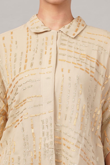 Abraham And Thakore Beige Viscose Georgette Gota Patti, Embroidery Collared Dash Shirt at Aza Fashions Abraham And Thakore_Beige Viscose Georgette Gota Patti, Embroidery Collared Dash Shirt _at_Aza_Fashions