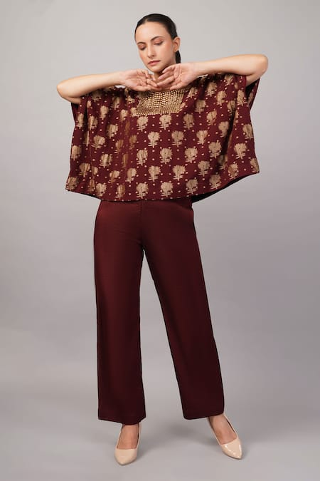 ABRAHAM AND THAKORE_Burgundy Silk Sequins Round Neck Floral Brocade Top _Online_at_Aza_Fashions