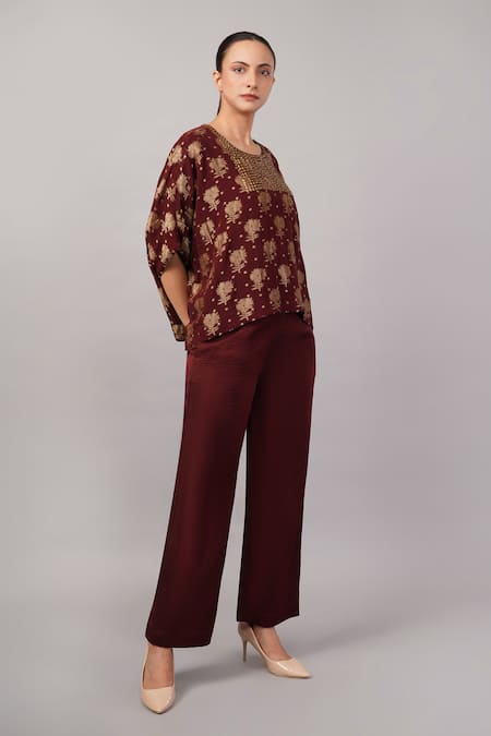 Buy_ABRAHAM AND THAKORE_Burgundy Silk Sequins Round Neck Floral Brocade Top _Online_at_Aza_Fashions