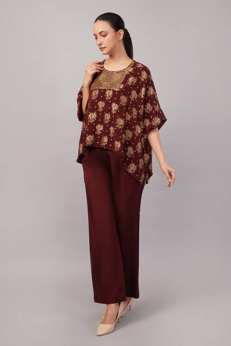 Shop_ABRAHAM AND THAKORE_Burgundy Silk Sequins Round Neck Floral Brocade Top _Online_at_Aza_Fashions