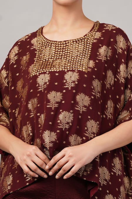 ABRAHAM AND THAKORE_Burgundy Silk Sequins Round Neck Floral Brocade Top _at_Aza_Fashions